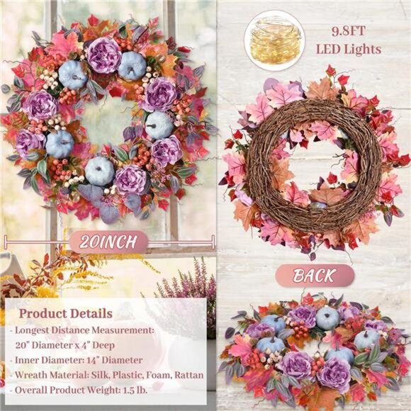 20" Autumn Wreath with‎ Silk Peony Maple Leaf & Pumpkin, Handcrafted with Lights - Picture 5 of 6